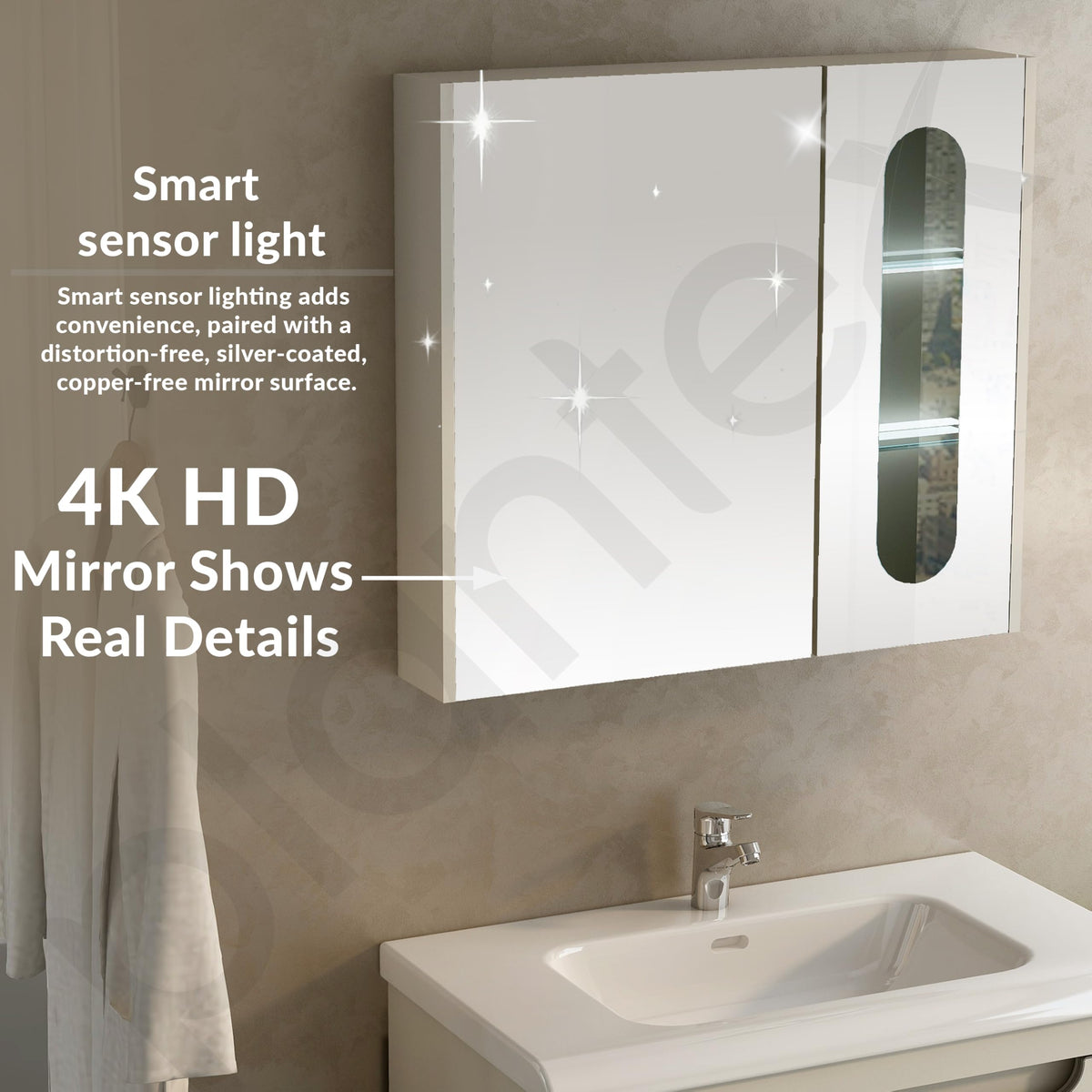 Plantex Unbreakable Wall Mount Wash Basin with Cabinet Full Set/Plywood Bathroom Vanity with Mirror, Coupling & Cabinet Motion Sensor Light (NZBC-35 - Beige)-6