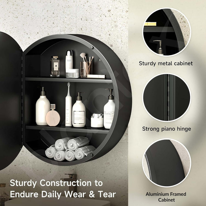 Plantex Bathroom Cabinet with Mirror/Aluminium Framed Bathroom Cabinet Storage/Round Mirror Cabinet for Bathroom Wall/Bathroom Organiser Cabinet (20x20 Inch, Black)-2