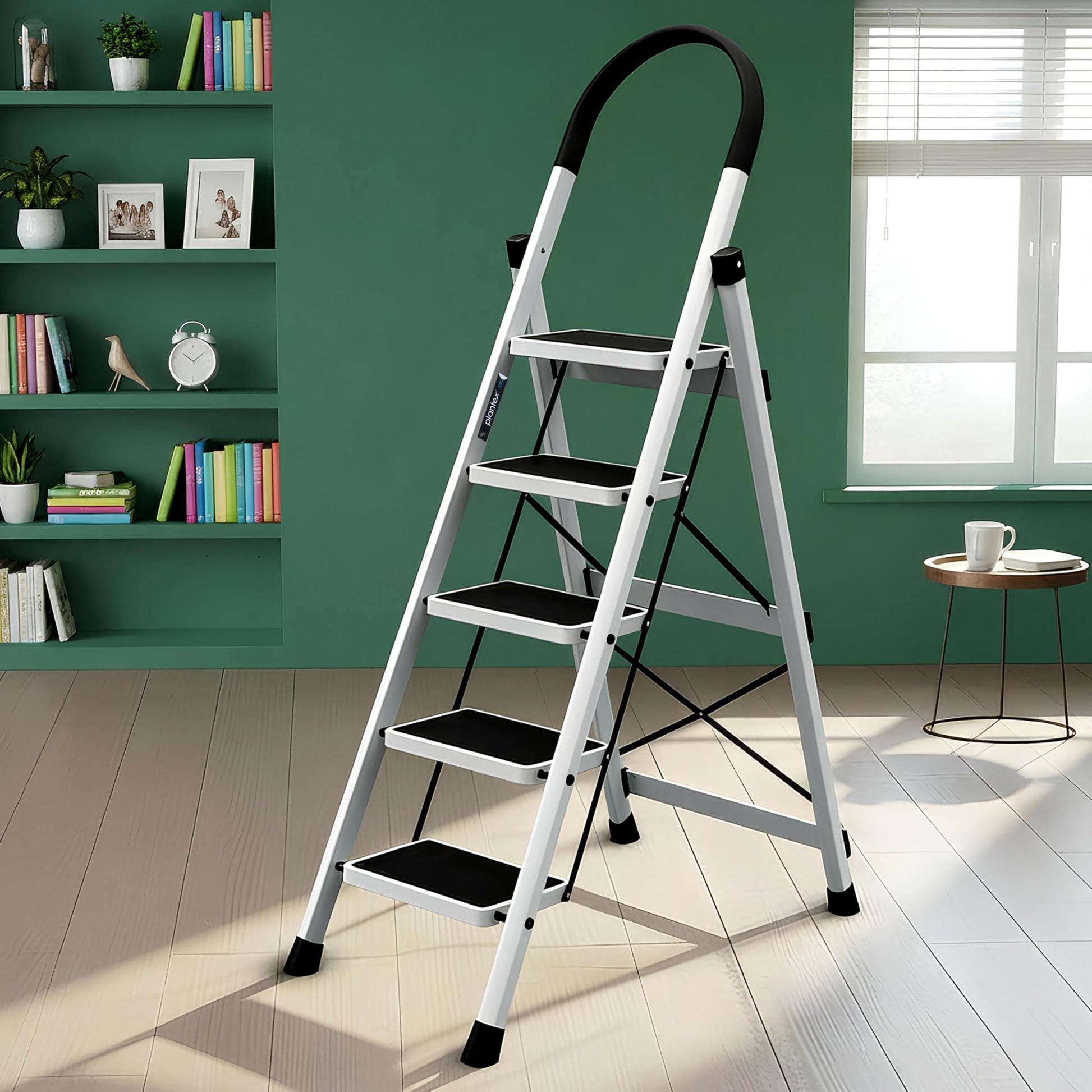 Plantex Ladder for Home 6 Steps/Foldable Ladder with Anti-Skid Wide Steps (30L x 20W cm)/Strong D-Shape Pipe with X-Support for More Stability/5 Year Warranty(Apex-White)