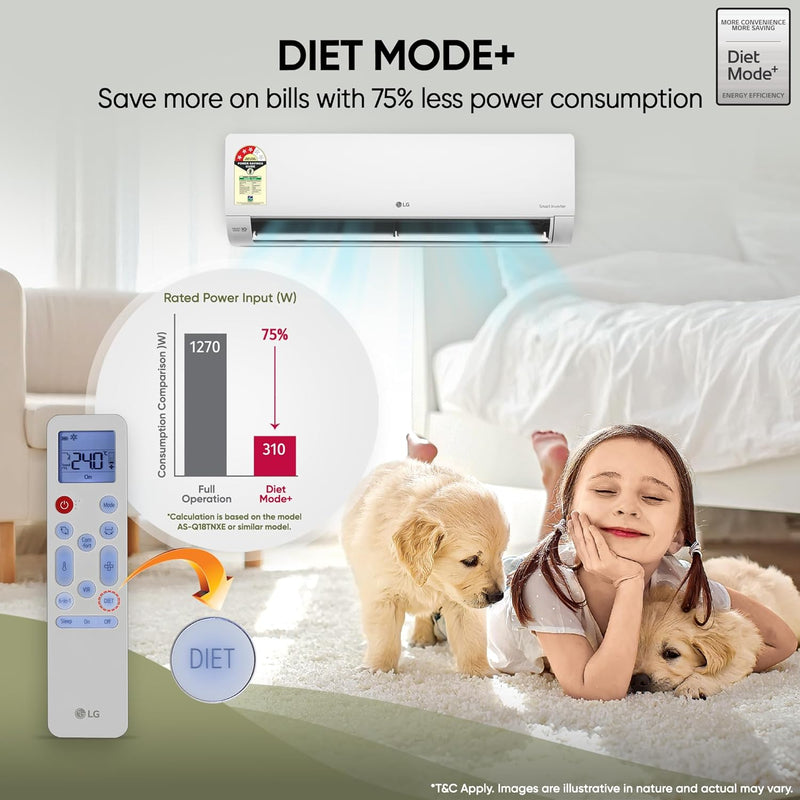 LG 1 Ton 3 Star Smart Inverter Split AC (Copper, AI Convertible 6-in-1 Cooling, Faster Cooling & Energy Saving, HD Filter with Anti-Virus Protection, Him Clean, 2026 Model, AS-Q12CNXE, White)