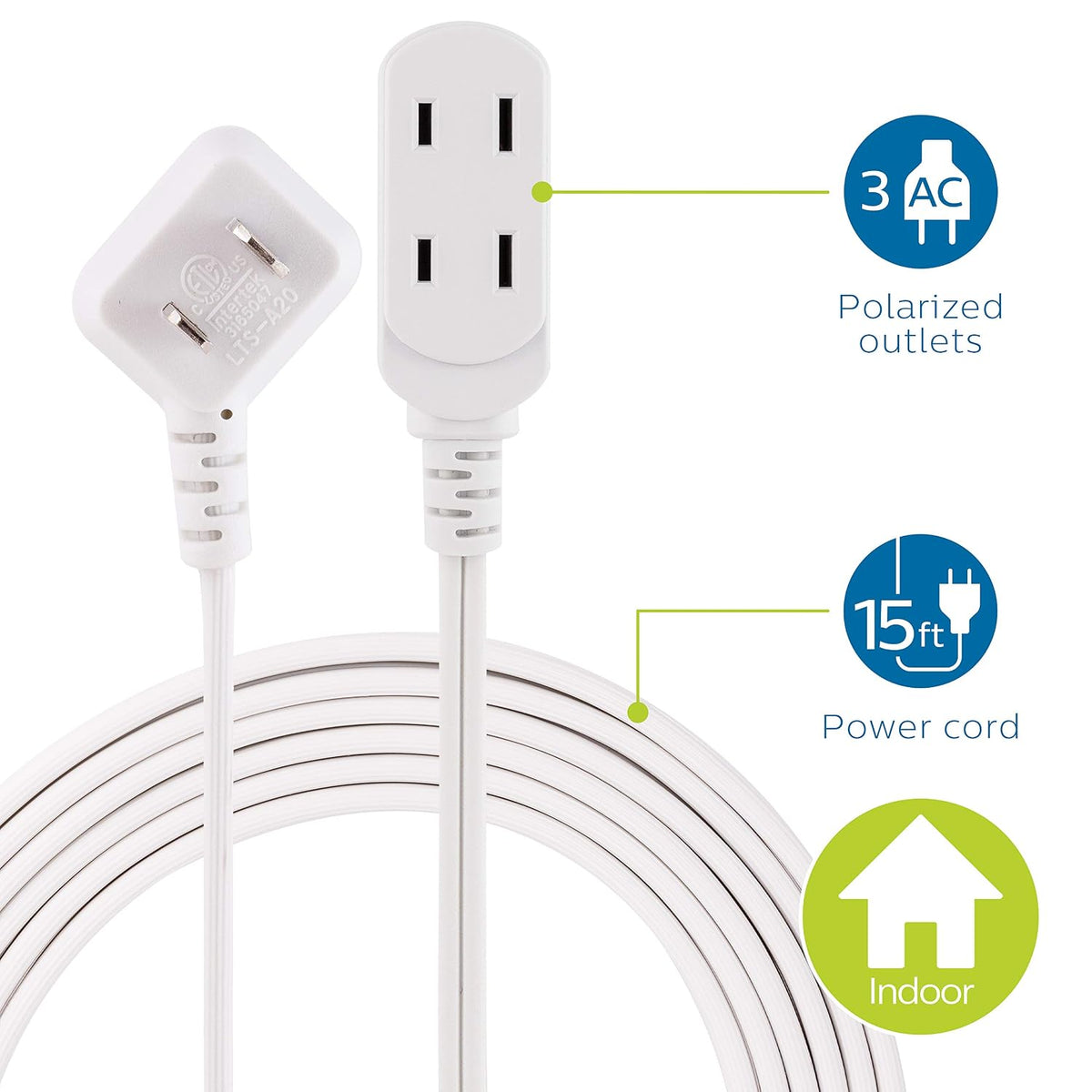 Philips 3 Outlet Extension Cord, 15 Feet Long Cord, Polarized Outlets, Flat Plug, Perfect for Home or Office (SPS1032WE / 27)