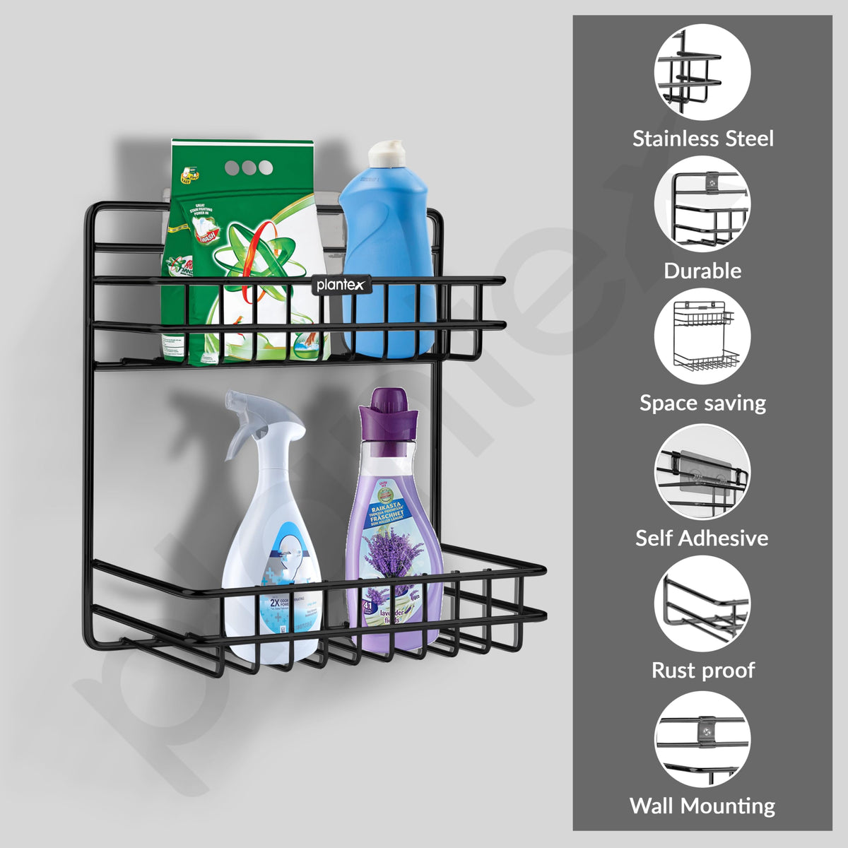 Plantex Self Adhesive Detergent Rack/GI Steel Bathroom Multipurpose Detergent Holder/Bathroom Shelf/Storage Rack/Bathroom Accessories (Powder Coated)-4