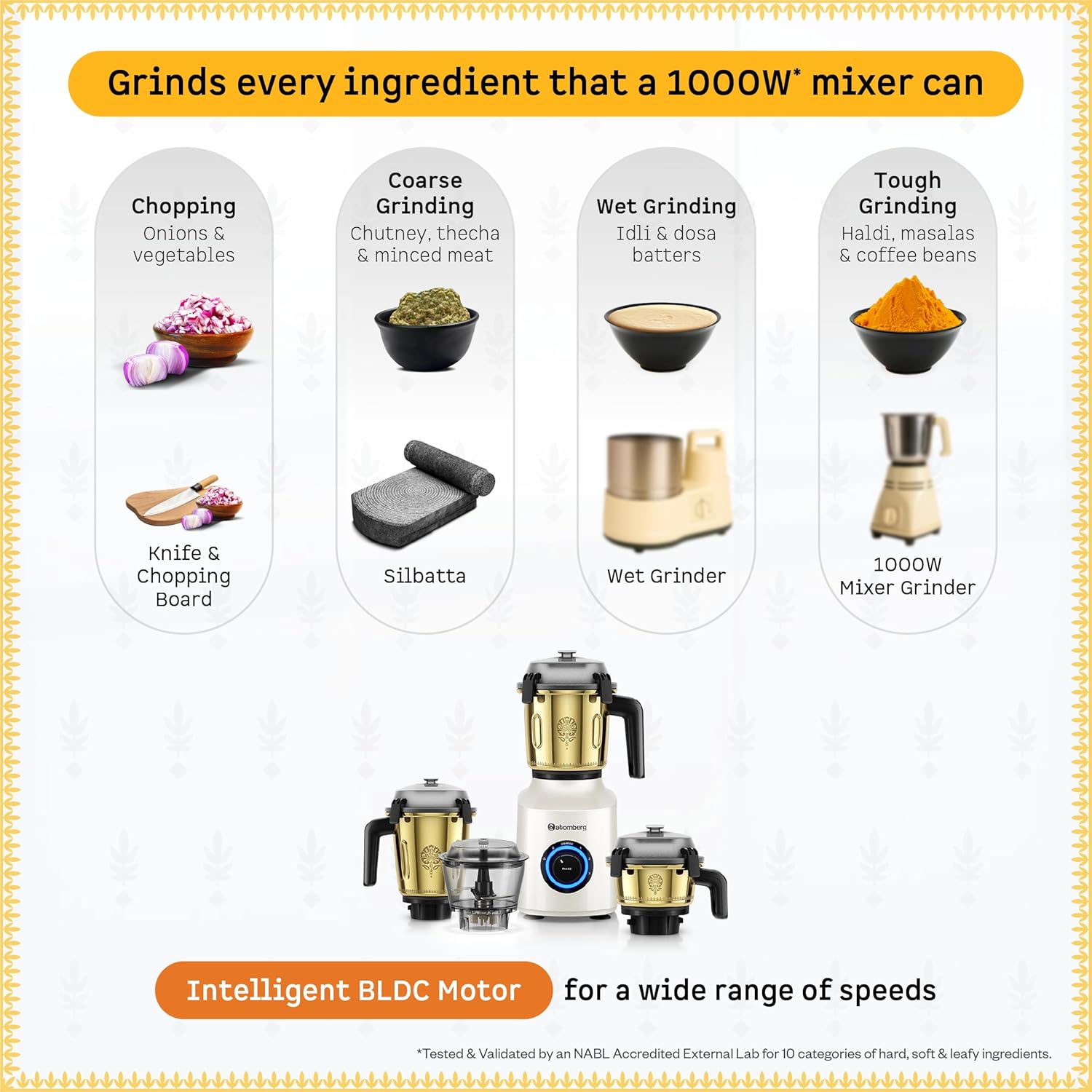 Atomberg Zenova Special Edition Mixer Grinder | Unique Coarse Mode for Silbatta-like Texture | BLDC Motor | Safety Features | 4 Jars including Chopper| Hands-Free Operation| Heritage Brass Pearl White