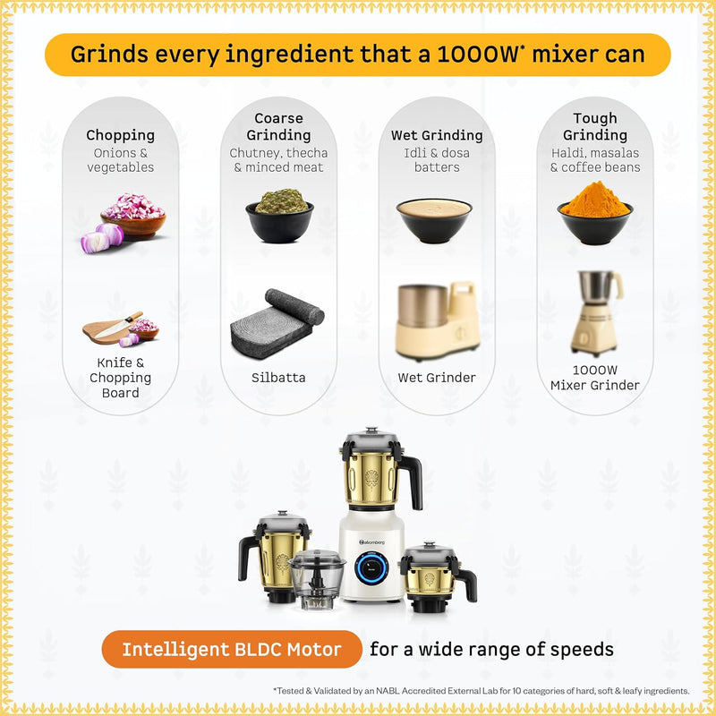 Atomberg Zenova Special Edition Mixer Grinder | Unique Coarse Mode for Silbatta-like Texture | BLDC Motor | Safety Features | 4 Jars including Chopper| Hands-Free Operation| Heritage Brass Pearl White