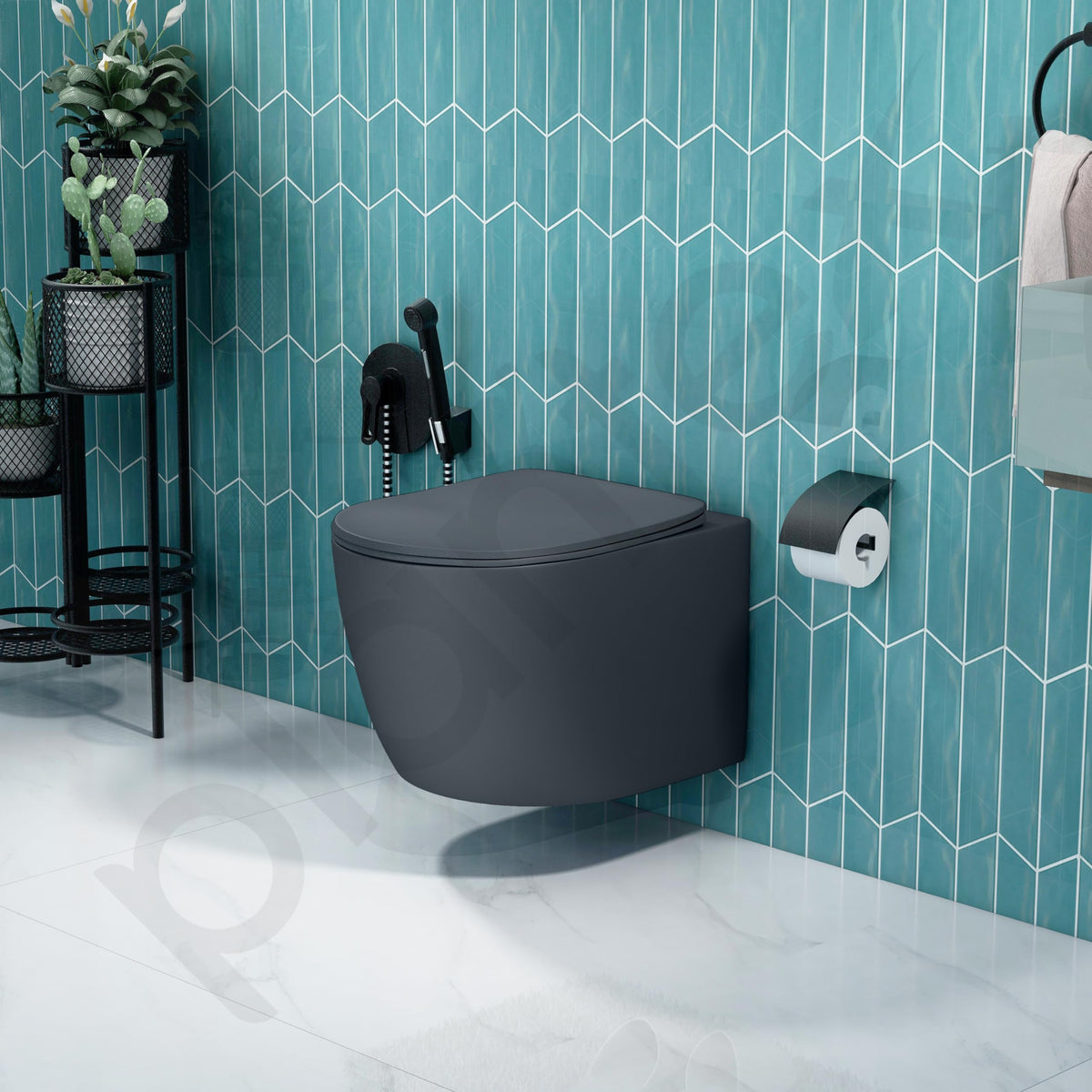 Plantex Imported Ceramic Wall Hung Commode/Rimless Washdown Flush Western Toilet/Commode with Soft Closing Toilet Seat - P Trap (Round - Matt Grey)-6