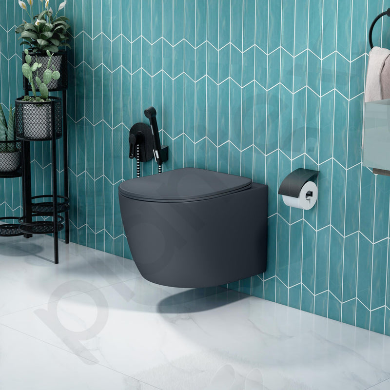 Plantex Imported Ceramic Wall Hung Commode/Rimless Washdown Flush Western Toilet/Commode with Soft Closing Toilet Seat - P Trap (Round - Matt Grey)-6