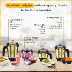 Atomberg Zenova Special Edition Mixer Grinder | Unique Coarse Mode for Silbatta-like Texture | BLDC Motor | Safety Features | 4 Jars including Chopper | Hands-Free Operation | Heritage Brass-Red Wine