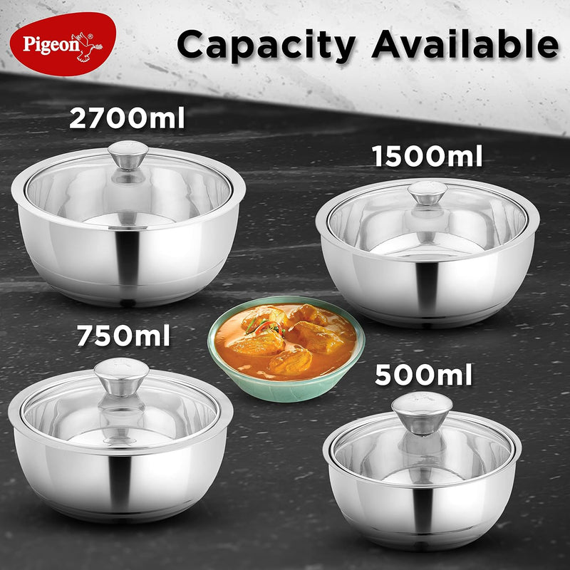 Pigeon Stainless Steel Serving Gravy Pot/Casserole 2700 ml Double Insulated Wall with Glass Lid to Your Food Warm for Lo