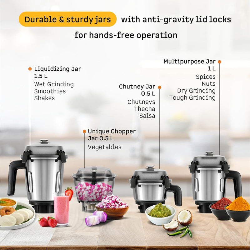 Atomberg Zenova Mixer Grinder | Unique Coarse Mode for Silbatta-like Texture | Intelligent BLDC Motor | Safety Features | 4 Jars including Chopper | Hands-Free Operation (Red Wine)