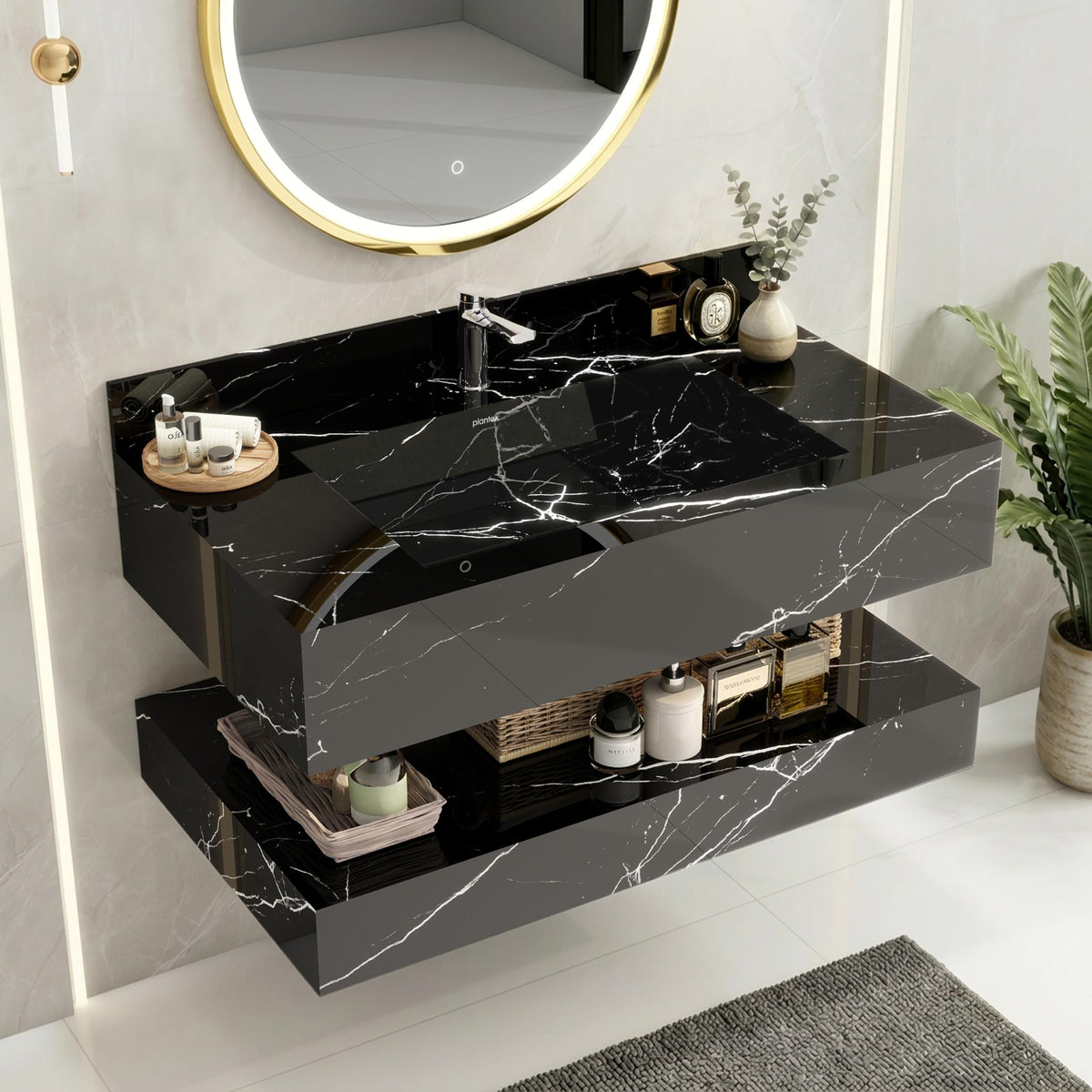 Plantex Floating Vanity/Slab Tile Vanity with Washbasin for Bathroom/Wall Mount Cabinet with Sink - (Dustin Black - 80 X 45 cm)-1