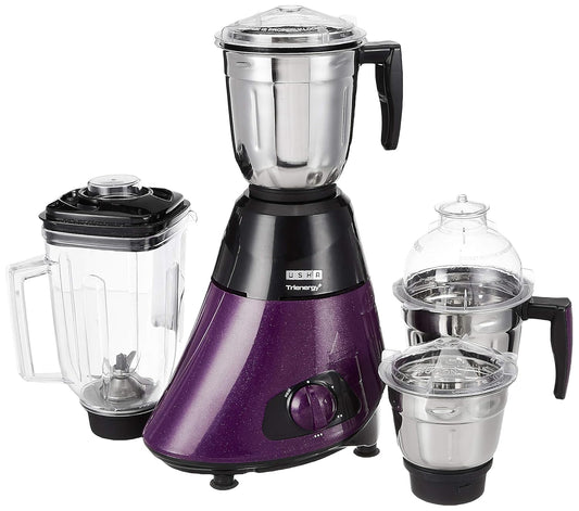 USHA Trienergy+ 800 Watt Powerful 100% Copper Motor 4 Jar Mixer Grinder with Unique Quadriflow Square Blender Jar for Faster Grinding&Smooth Blending||5 Years Warranty On Motor(Magenta,800 Watt)