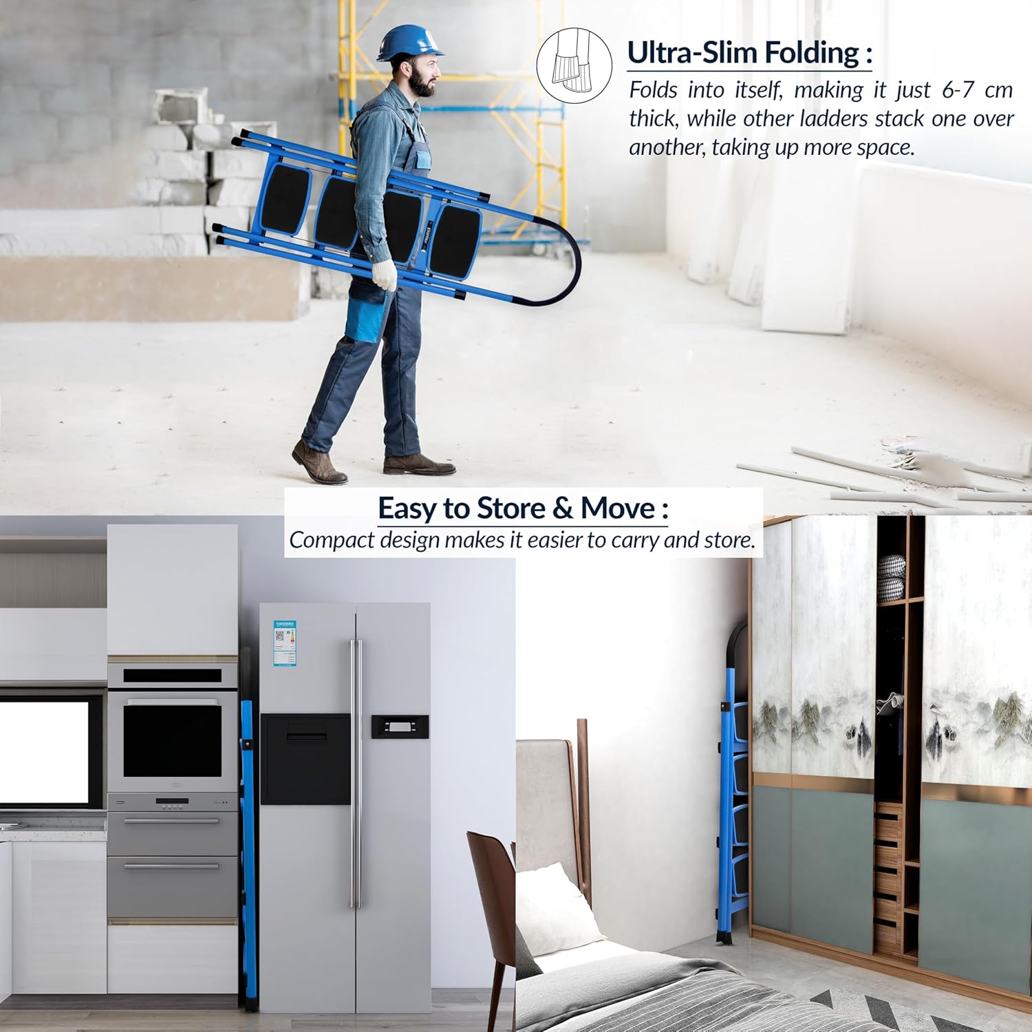Plantex Premium 4 Step Steel Ladder/Ladder for Home/Wide Anti-Skid Wide Step Ladder/Capacity Upto 150 Kg (Blue & Black)