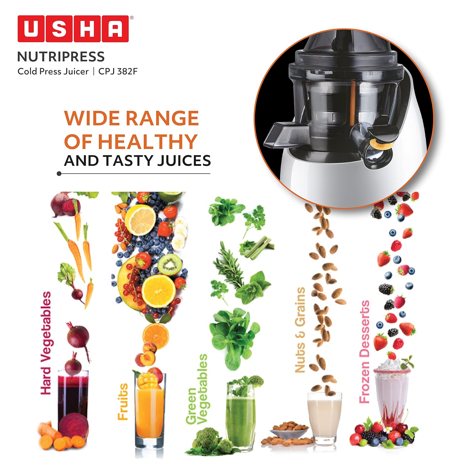 Usha CPJ 382F NutriPress Cold Press Juicer with Full Mouth Feeding Tube, 200 Watt (Black & White)