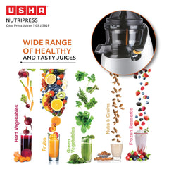 Usha CPJ 382F NutriPress Cold Press Juicer with Full Mouth Feeding Tube, 200 Watt (Black & White)