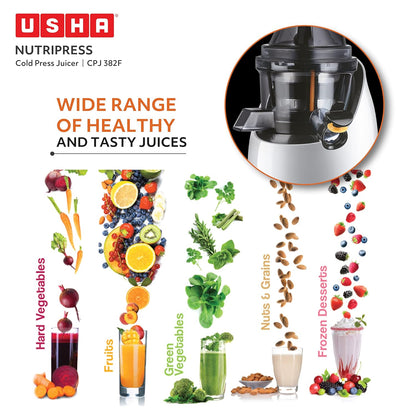 Usha CPJ 382F NutriPress Cold Press Juicer with Full Mouth Feeding Tube, 200 Watt (Black & White)