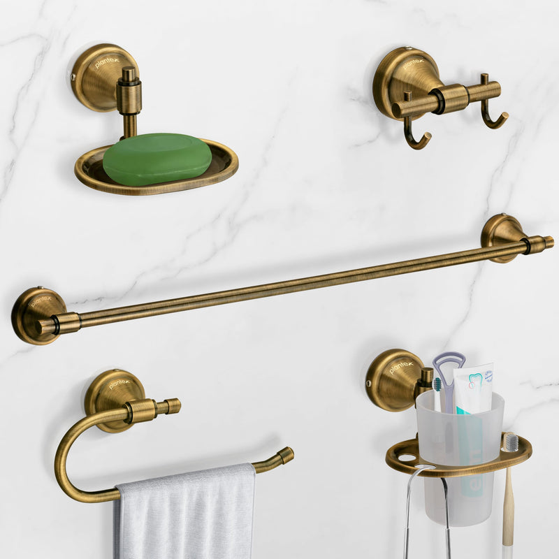 Plantex 304 Grade Stainless Steel Bathroom Accessories Set of 5 - Towel Rod/Hand Napkin Hanger for Wash Basin/Soap Case/Toothbrush Holder/Robe Hook - Niko (Brass Antique)-1