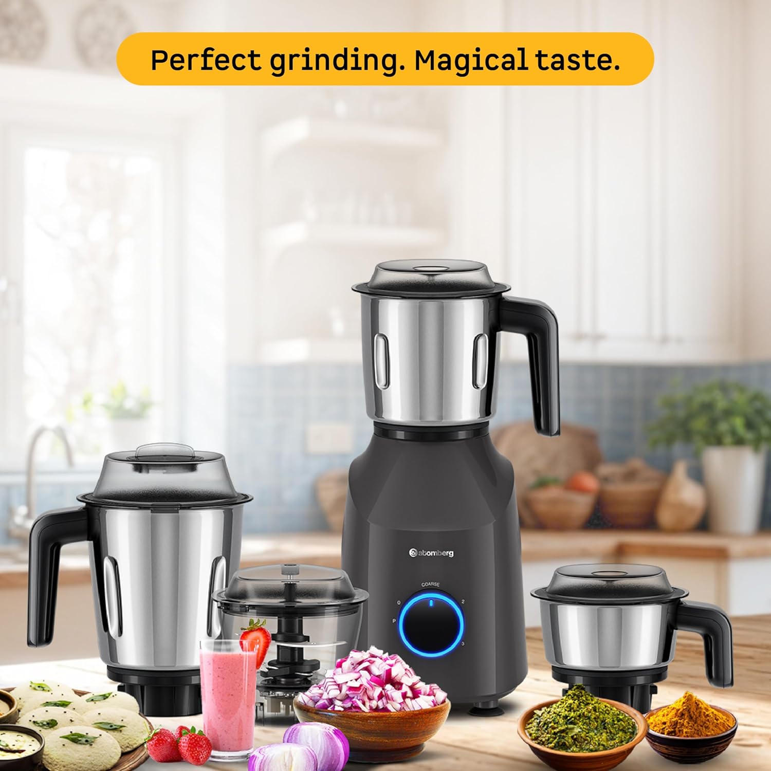 Atomberg Yulia 750 Watt Mixer Grinder | 4 Multipurpose Jars including Chopper Jar | Coarse Mode for Silbatta-like Textures | Powerful Intelligent Motor | Advanced Safety Features | Pebble Grey