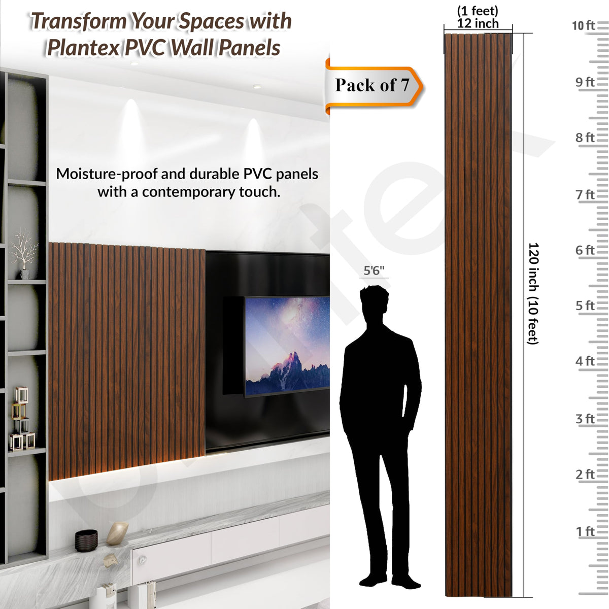 Plantex PVC Wall Panel/Louvers Panel for Wall/3d Wall Panel for Interior Wall Decor/Eco-Friendly Fluted Panel for Wall/- Pack of 7,Covers - 70 Sq. Ft (Teak Brown-12 Inch x 10 Ft)-2