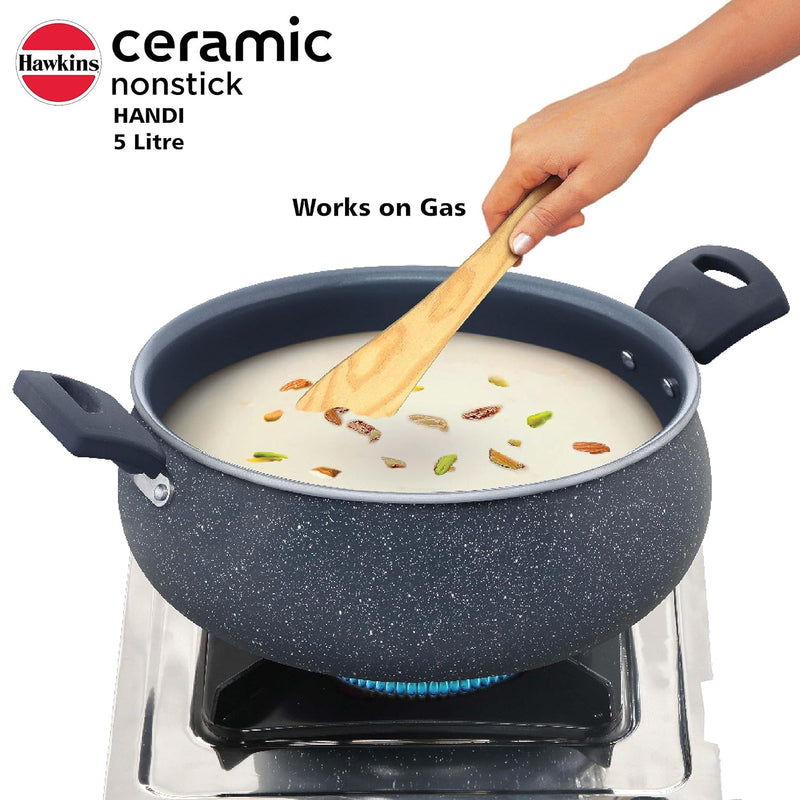 Hawkins Ceramic Nonstick Handi, 5 Litre, Induction Biryani Pot, Granite Casserole (ICH50G)