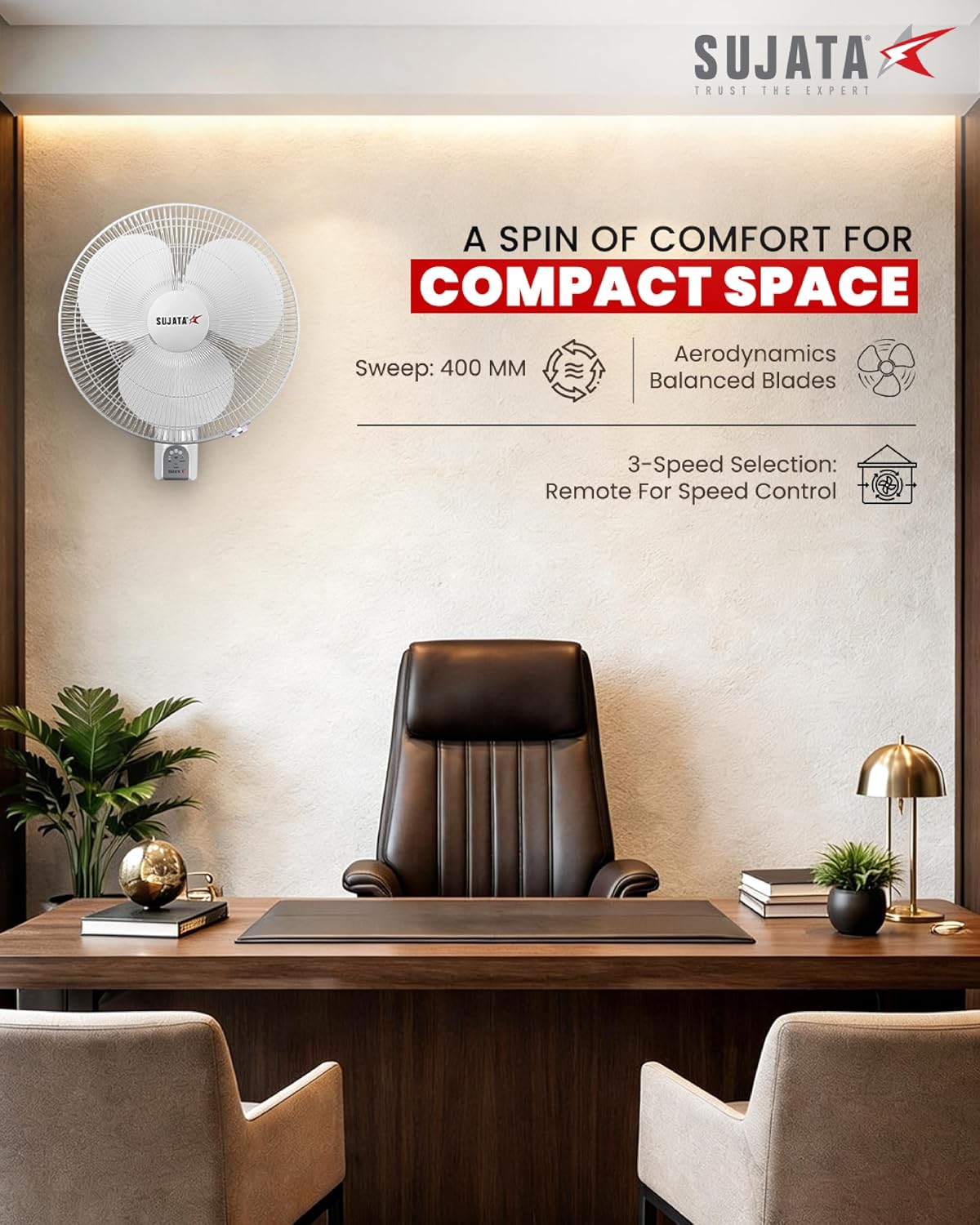 Sujata Greenova Air BLDC 400 mm Wall Fan with Remote (White)