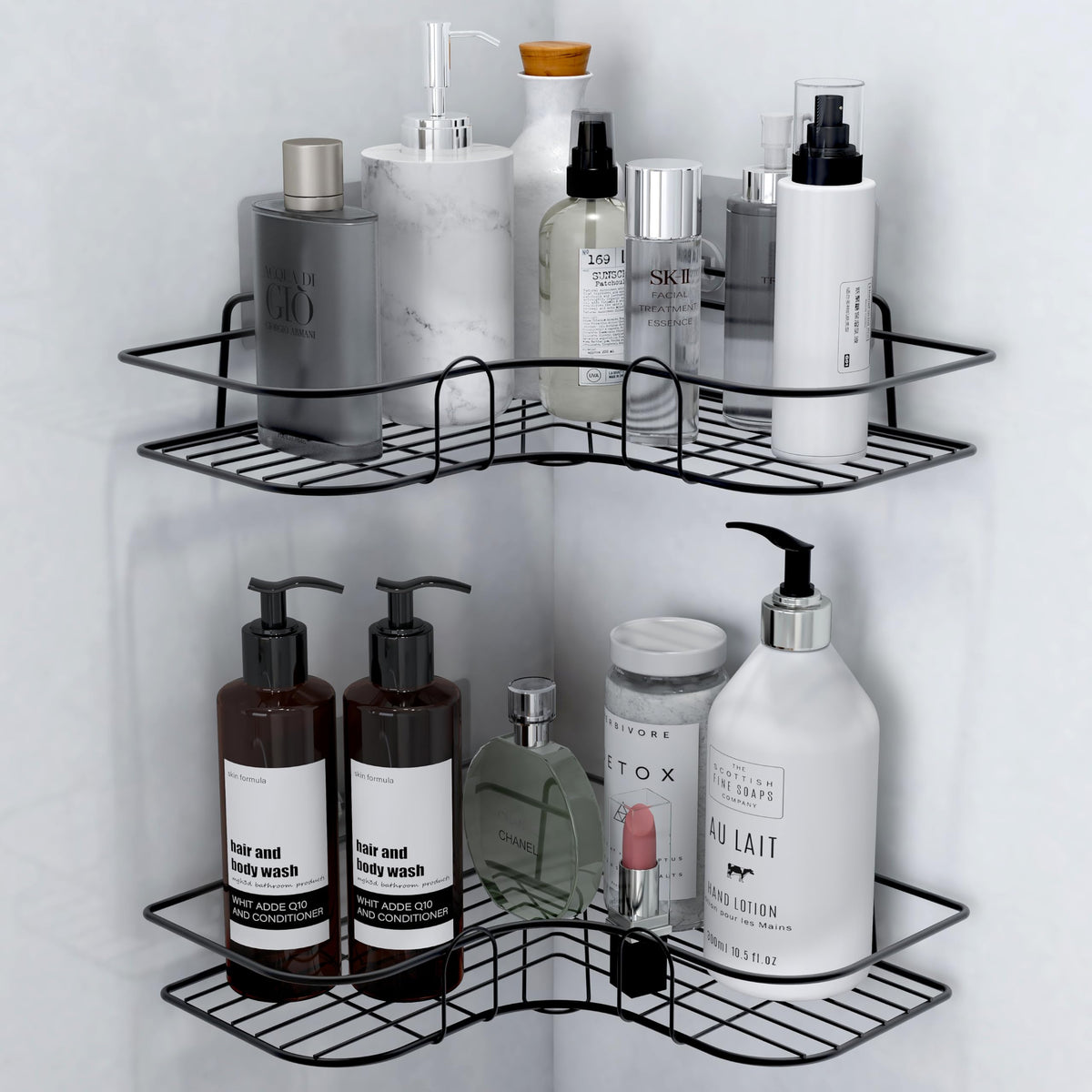 Plantex Corner Shelf for Bathroom/Metal Bathroom Organizer Without Drill/No Drilling Self Adhesive Wall Mounted Storage Organizer for Kitchen-GI Metal-(10 &10.5 INCH, Black)-1