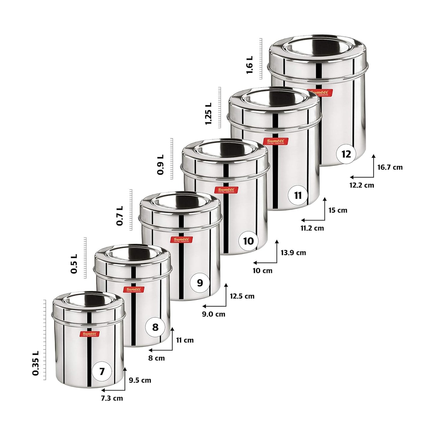 Sumeet Stainless Steel Vertical Canisters/Ubha Dabba/Storage Containers Set of 6Pcs (350ML, 500ML, 700ML, 900ML, 1.25Ltr, 1.6Ltr), Silver