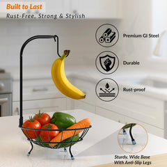 Plantex Metal Fruit Basket with Hook/2-in-1 Banana Stand/Fruit Hanger & Vegetable Bowl for Dining Table & Kitchen -(Black)-2