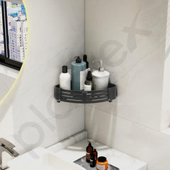 Plantex No Drill Corner Shelf for Bathroom Wall/Aluminium Self Adhesive Shelf/Bathroom Side Corner Shelf with Removable Hooks (9x9 inches, Matt Grey) - Pack of 2-2