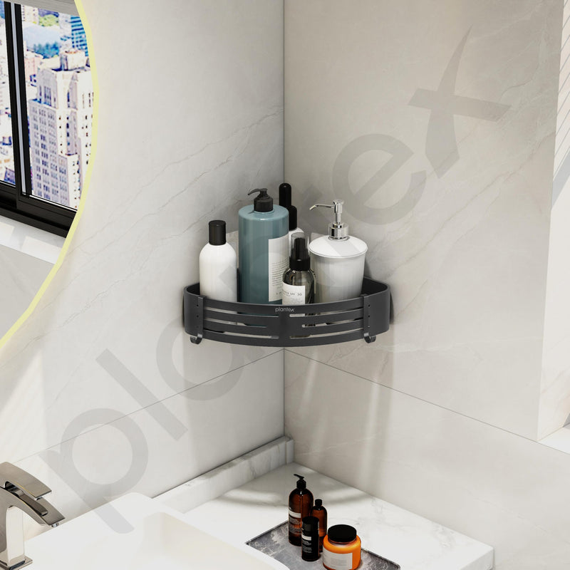 Plantex Corner Shelf for Bathroom Wall/Self Adhesive Bathroom Shelf Rack/Bathrooms Organiser Without Drill/Side Corner Shelf with Removable Hooks -(9 x 9 inches, Matt Grey)-2