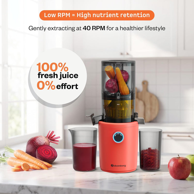 Atomberg Althea Cold Press Juicer For Home | High Nutrition | 40RPM | Easy To Use & Clean | Auto Reverse | XL Hopper | Safety Features | Ideal for Fruit, Veggie Juices, Coconut Milk | Sunset Orange