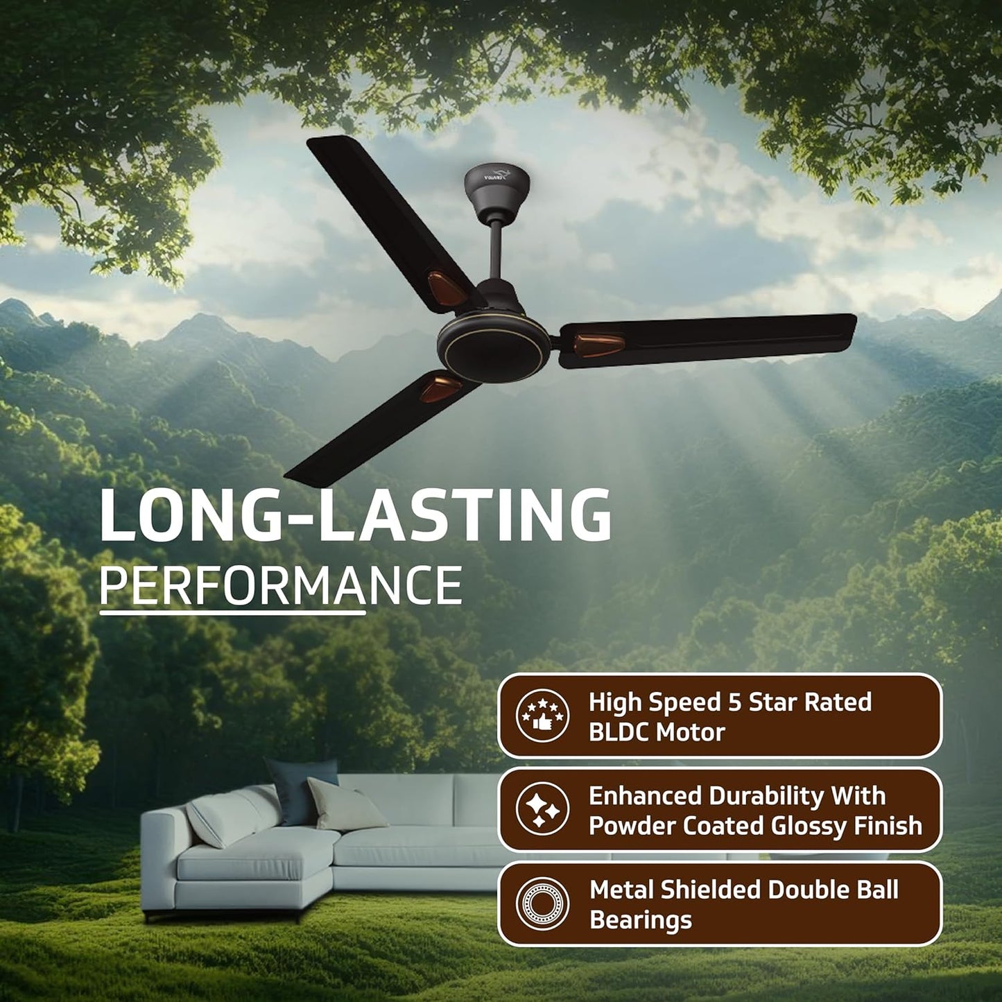 V-Guard Windle Deco BLDC Ceiling Fan for Home | BEE 5 Star Rating | Remote Control | 380 RPM | 1.2 meters | 2-Year Coverage | Matte Brown