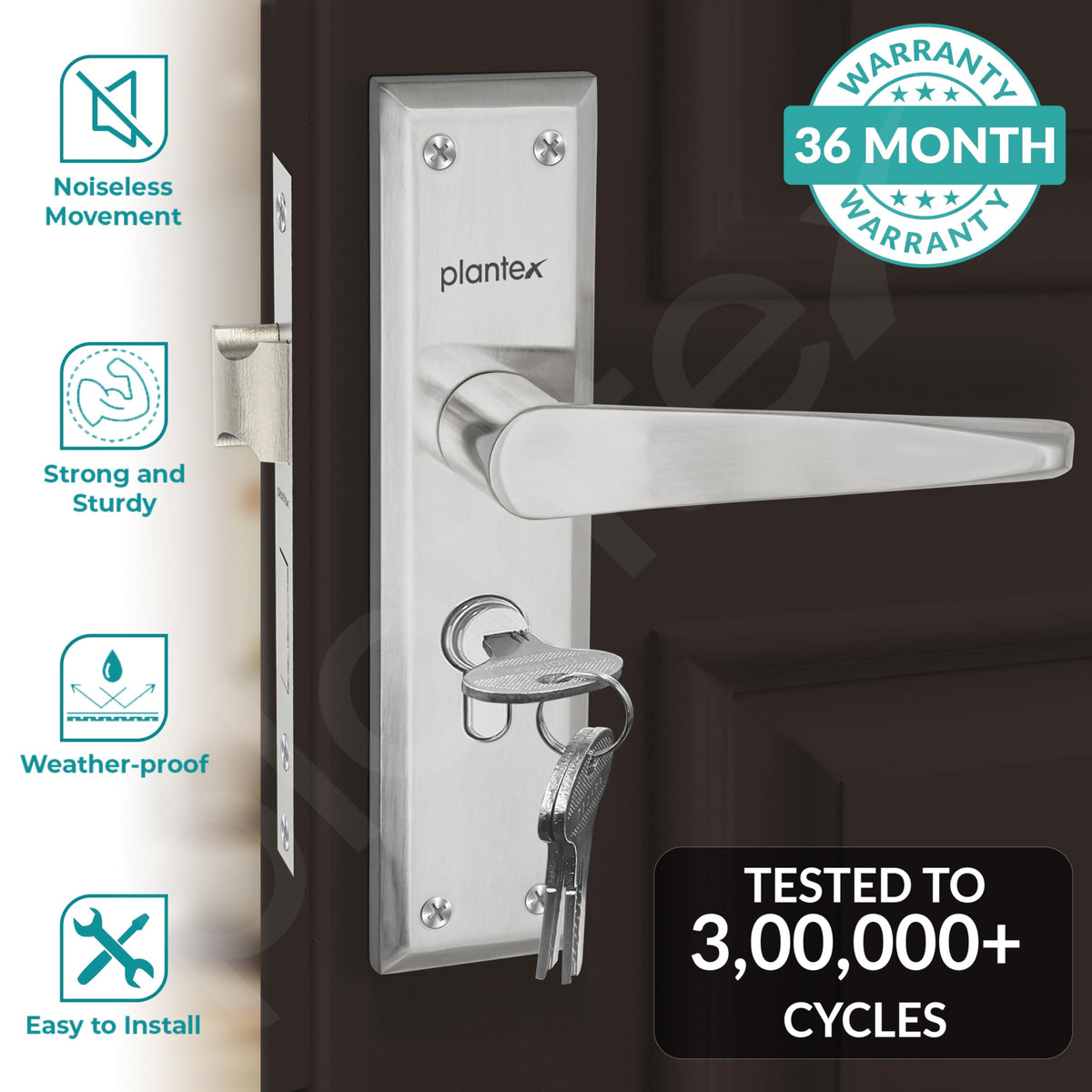 Plantex Main Door Lock Handle Set/6-Lever Locks Mechanism with 3 Years of Warranty/Mortise Lock with 3 Keys, Brass Locks Body & Cylinder(PTP-05 Matt)-2