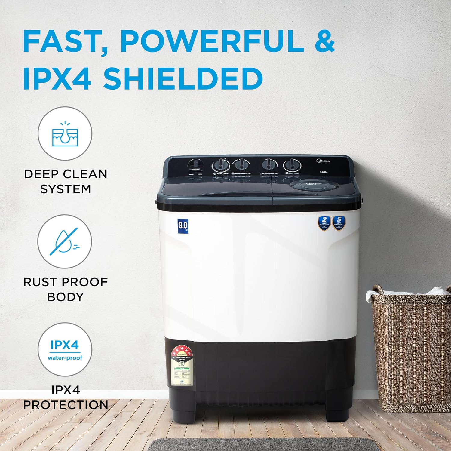 Midea 9 Kg 5 Star Semi Automatic Top-Load Washing Machine Black White (MWMSA090SAPPG(KW), Rat Away Feature, Air Jet Dry IPX4 Protection)
