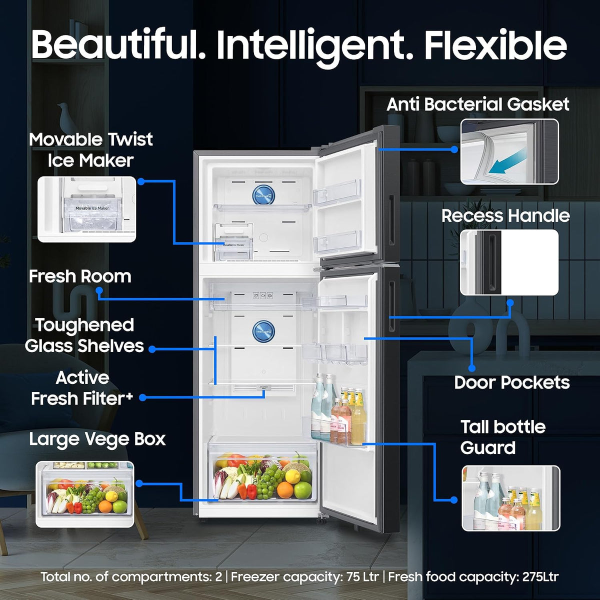 Samsung 350 L, 2 Star, Convertible 5-in-1, Digital Inverter, Frost Free Double Door, WiFi Bespoke AI Refrigerator (RT38HG5A42SLHL, Silver, Ez Clean)-5