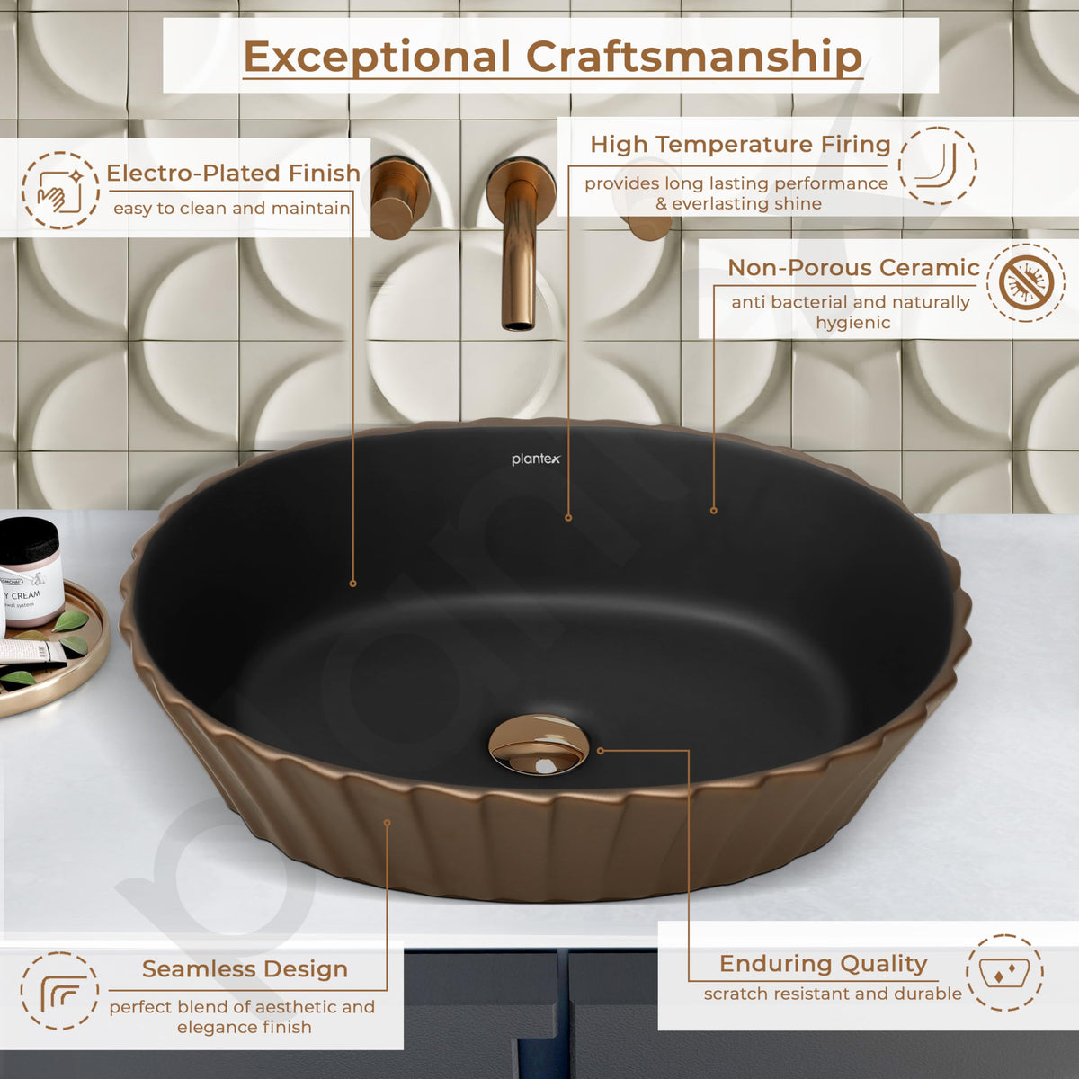 Plantex Table Top Wash Basin/Designer Ceramic Basin/Oval Basin for Bathroom/Home/Office/Hotel (Black & Red Copper - 19 x 15 x 5 Inch)-4