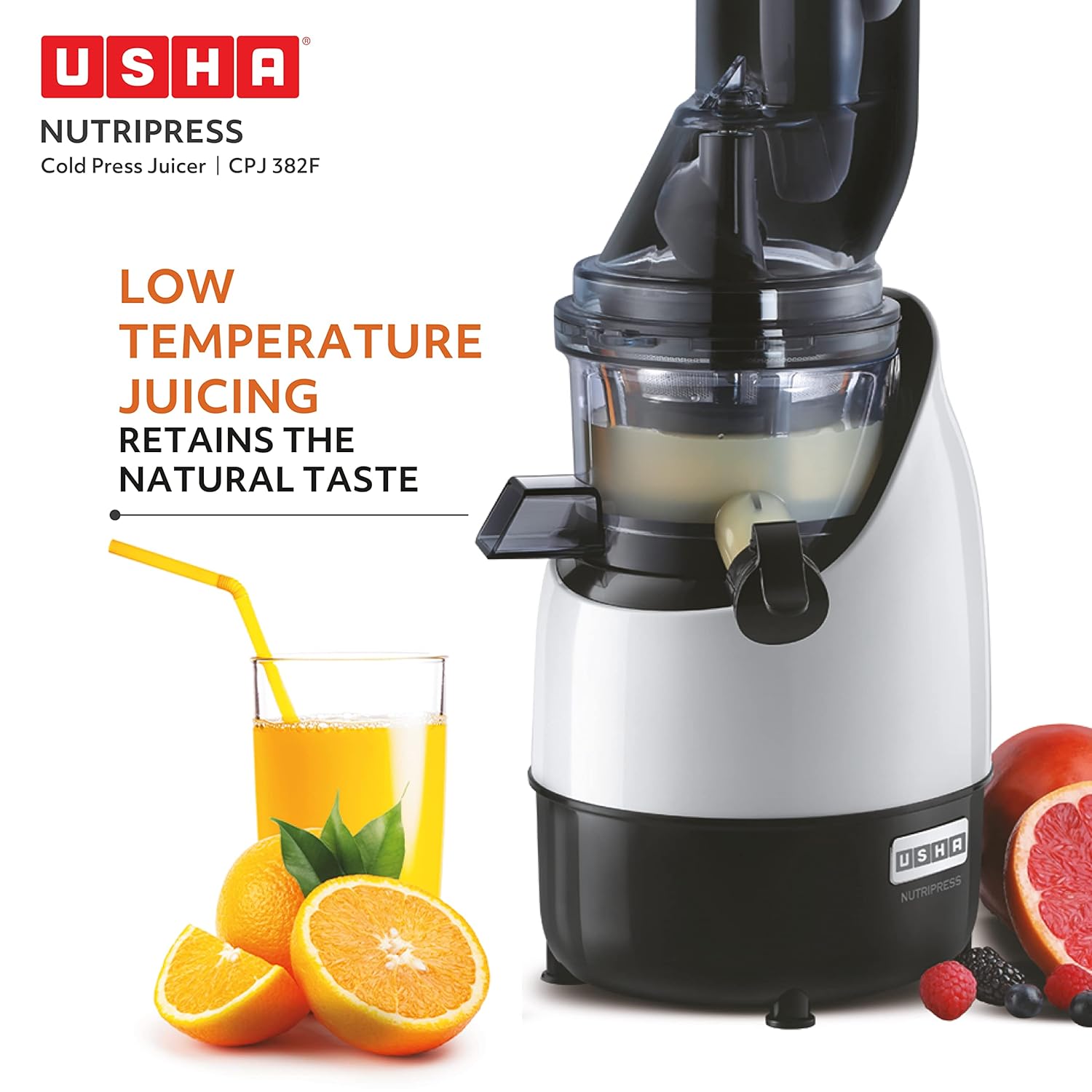 Usha CPJ 382F NutriPress Cold Press Juicer with Full Mouth Feeding Tube, 200 Watt (Black & White)