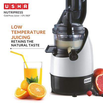 Usha CPJ 382F NutriPress Cold Press Juicer with Full Mouth Feeding Tube, 200 Watt (Black & White)
