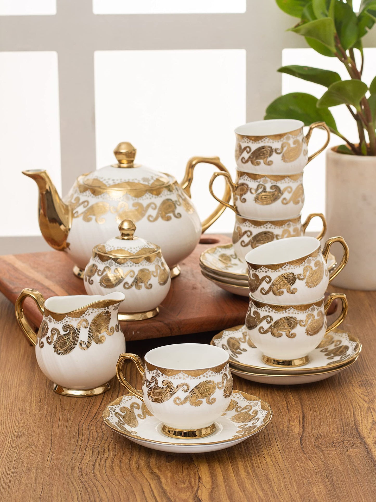 Clay Craft Gold Print Premium Fine Ceramic Tea Set of 15 Pcs (1 Kettle + 6 Cups + 6 Saucers + 1 Milk Pot + 1 Sugar Pot) (Design 6 - Rose(R512))