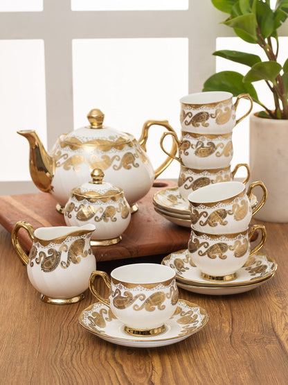 Clay Craft Gold Print Premium Fine Ceramic Tea Set of 15 Pcs (1 Kettle + 6 Cups + 6 Saucers + 1 Milk Pot + 1 Sugar Pot) (Design 6 - Rose(R512))