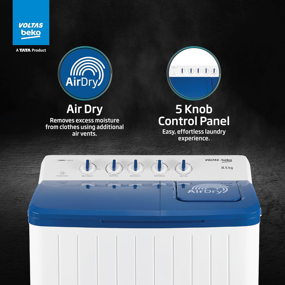 Voltas Beko, A Tata Product 8.5 Kg 5 Star Semi-Automatic Top Loading Washing Machine (WTT85UHA/OK5I0I0W01, Blue, Air Dry & Pulsator wash technology)-4