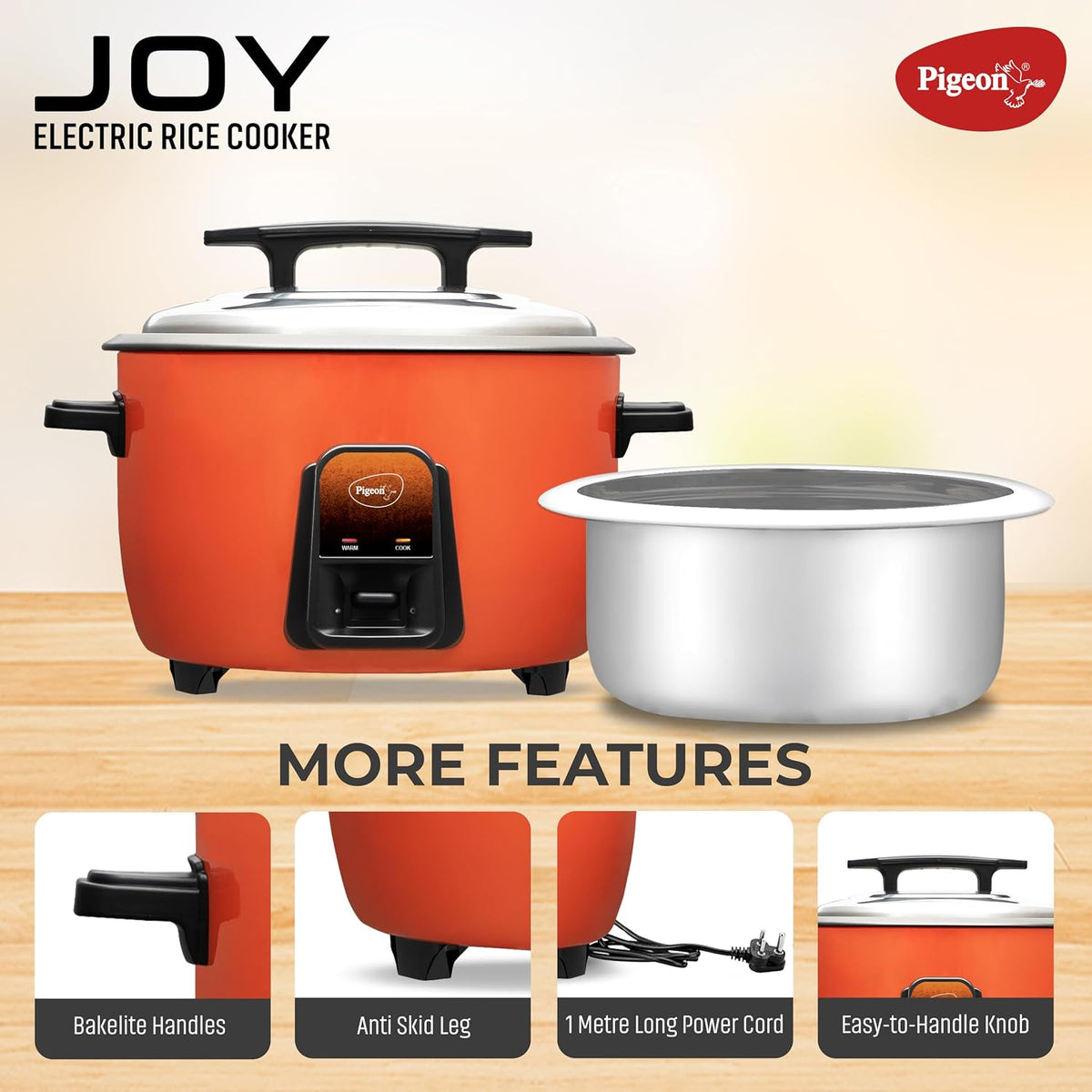 Pigeon by Stovekraft Joy Rice Cooker with Single pot, 4.2 litres. (Orange) | Stainless Steel Lid | 1600 Watts | 1 Alumin