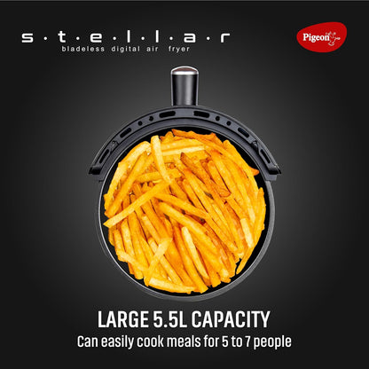 Pigeon by Stovekraft STELLAR Air Fryer Large 5.5L | 1500W BLADELESS Airfryer | Unique See Through Top View Glass | 360 AirWhirl Technology | Digital Touchscreen | 8 PRESETS Menu | Shake Feature