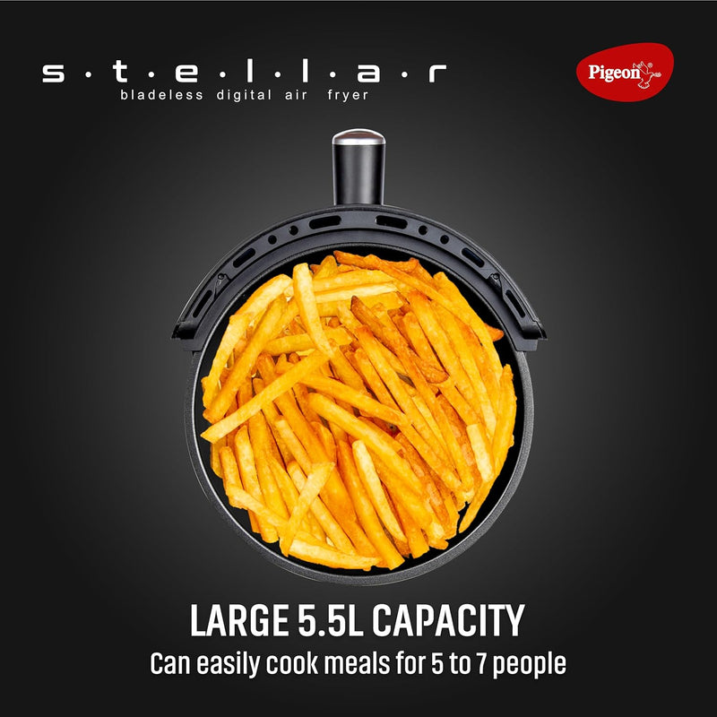 Pigeon by Stovekraft STELLAR Air Fryer Large 5.5L | 1500W BLADELESS Airfryer | Unique See Through Top View Glass | 360 AirWhirl Technology | Digital Touchscreen | 8 PRESETS Menu | Shake Feature