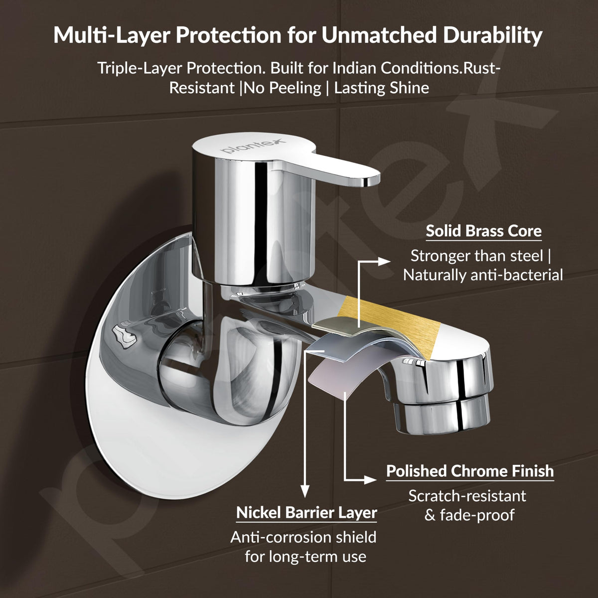 Plantex Pure Brass FLO-801 Bib Cock Water Tap with Water Saving Aerator/Dual Bib Tap with Brass Wall Flange & Teflon Tape for Washbasin with 7-Year Warranty (Mirror Chrome)-5