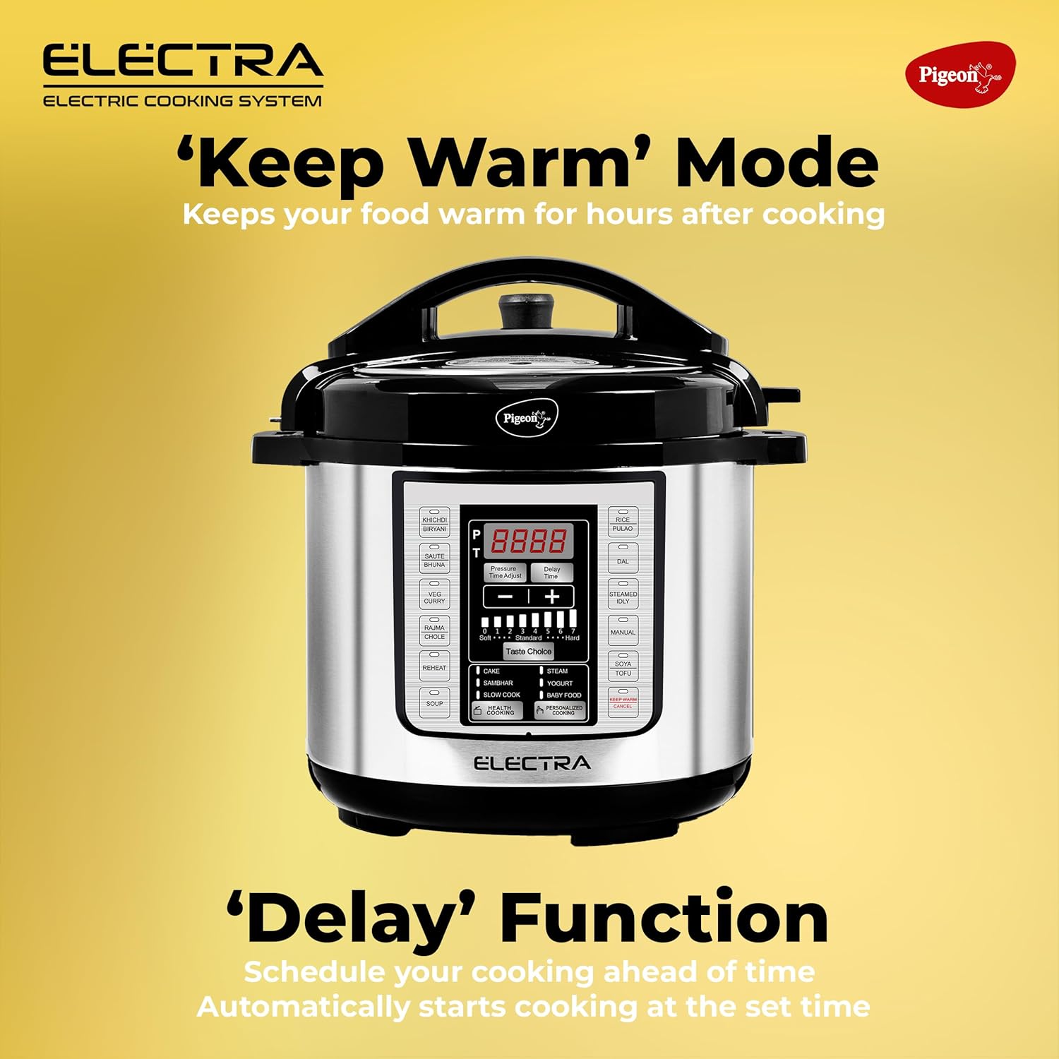 Pigeon By Stovekraft Electra Smart 6 Litre Electric Pressure Cooker with Digital Display | 18 Indian Preset Menu | Automatic Rice Cooker | Delay Timer & More (Stainless Steel)