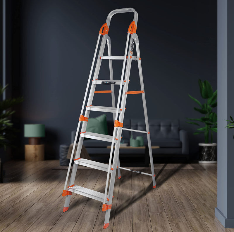 Plantex Big Foot 4 Step Ladder for Home/Fully Aluminium Folding Ladder/Wide Anti-Skid Steps (Black-Silver)