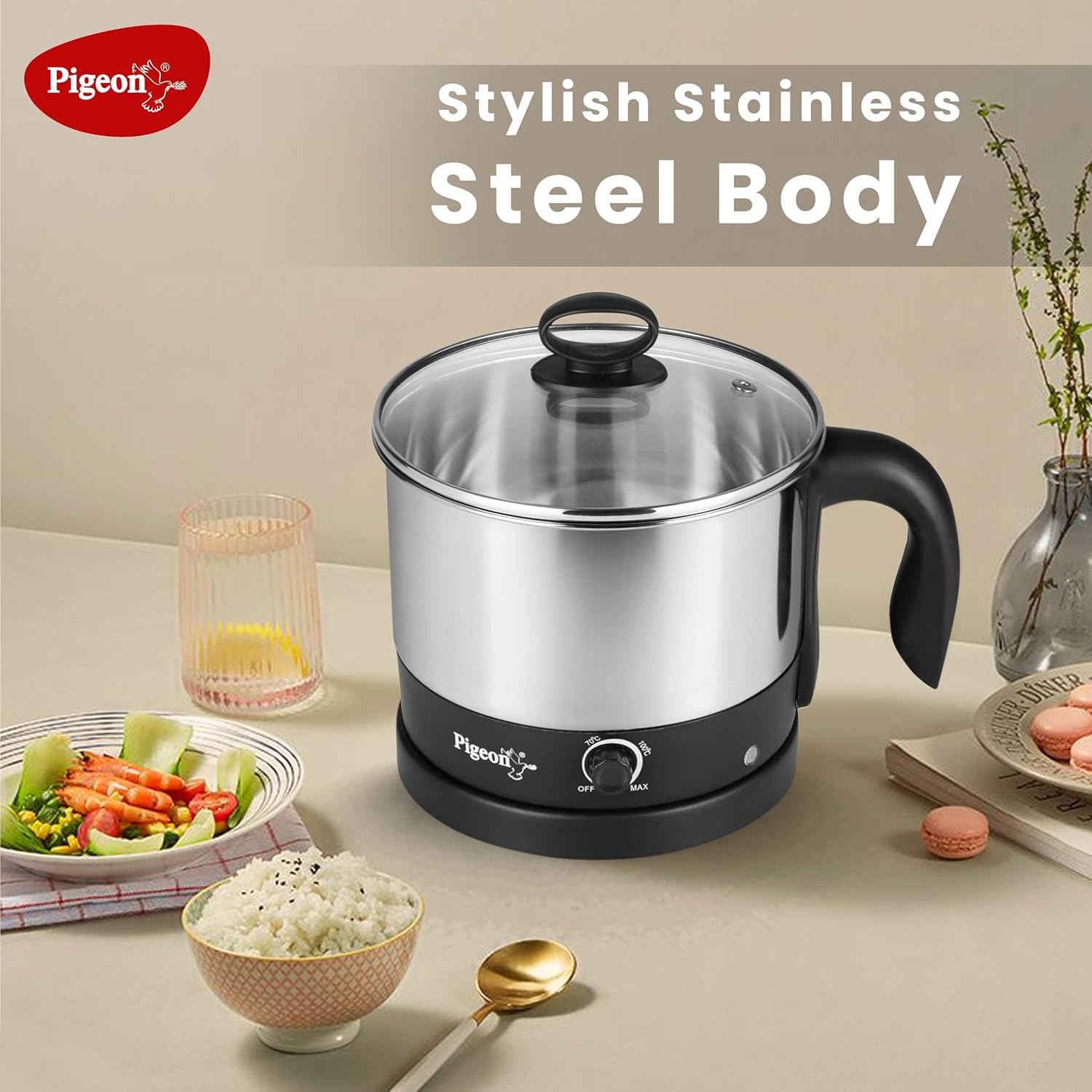 Pigeon By Stovekraft 1.5 Liters Multipurpose Kessel 3 In 1 Value Pack, Multi Cooker, Idli Stand With 3 Plates, Steamer With Stainless Steel Stand (Black & Silver), 600 Watts