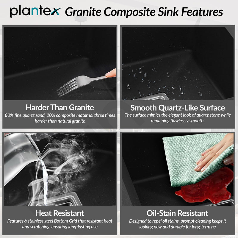 Plantex Matt Kitchen Sink/UV Protected Quartz Sink for Kitchen/Double Bowl Sink with Coupling and Hose Pipe (Charcoal Black - 37x18inch)-3