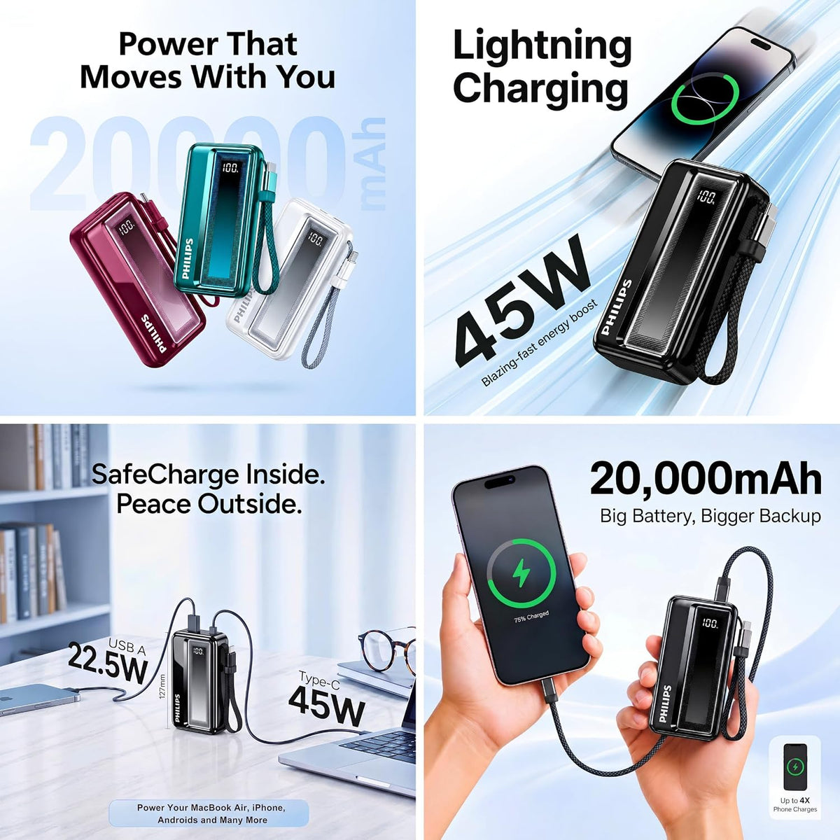 Philips DLP2721NB/94 20000mAh 45W Fast Charging Power Bank with Built-in Type-C Cable (Dark Slate)