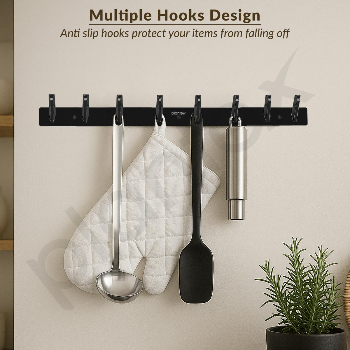 Plantex Wall Hooks for Hanging Cloth/Stainless Steel Towel Hangers/Bathroom Robe Hooks/Door Hangers/Square Wall Hook/Hook Rail for Hanging Keys - 8 Hooks (Pack of 3, PVD Black)